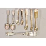 A SMALL QUANTITY OF SILVER FLATWARE, including a pair of George III silver sugar tongs, engraved
