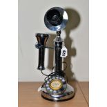 A REPRODUCTION G.E.C. CANDLESTICK TELEPHONE, chrome finish, wired for modern use, approximate height