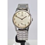 A HAND WOUND OMEGA WRISTWATCH, silvered dial with Arabic numerals and a subsidiary seconds dial at