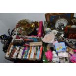 FOUR BOXES AND LOOSE SUNDRY ITEMS, to include soft toys, Happy Clown toy, DVD's, VHS films, books,