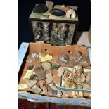A DISPLAY CABINET OF MINERALS AND BOX OF FOSSILS, the wooden display box containing samples of