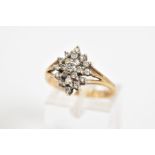 A DIAMOND CLUSTER RING, of lozenge design set with round brilliant cut diamonds, to the