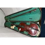 A VIOLIN IN WELL USED CONDITION, length of body approximately 35cm, total length 58cm, no makers