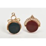 TWO 9CT GOLD SWIVEL FOBS, the first set with a carnelian and bloodstone panel on each side, with
