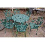 A GREEN PAINTED HEAVY CAST ALUMINIUM CIRCULAR GARDEN TABLE, of a floral design, approximate diameter