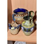 THREE PIECES OF ROYAL DOULTON STONEWARE, comprising a Cauldron shaped vase with three handles,