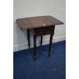 AN EARLY VICTORIAN MAHOGANY DROP LEAF SOFA TABLE, with two drawers on turned legs and brass