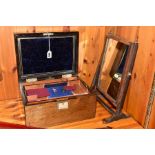 A WOODEN VICTORIAN JEWELLERY BOX WITH COMPARTMENT TO THE LID, removable tray and front opening draw,