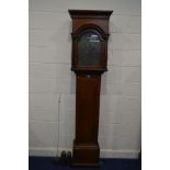 A GEORGE III OAK EIGHT DAY LONGCASE CLOCK, box hood with twin cylindrical columns, the 10'' dial