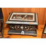 A 19TH CENTURY CONTINENTAL RENAISSANCE REVIVAL EBONISED AND INLAID CASKET, the hinged top with scene