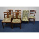 A SET OF FOUR 1940'S OAK DINING CHAIRS, together with two other chairs, all with matching upholstery