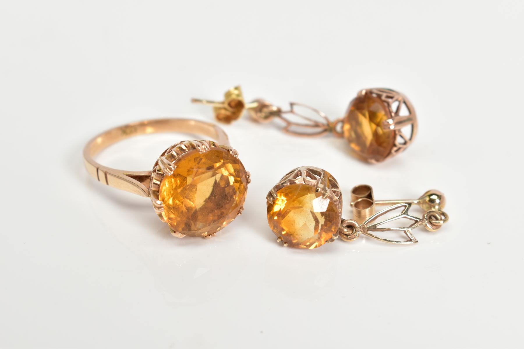 A PAIR OF DROP EARRINGS AND A RING, each drop earring set with a circular cut citrine interspaced - Image 2 of 4