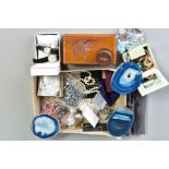 A BOX OF MISCELLANEOUS ITEMS, to include two coral branch necklaces, three wristwatches, various