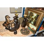 A GROUP OF DECORATIVE BRASS AND SPELTER FIGURES, PITCHERS AND PLATES ETC, with a framed oil on