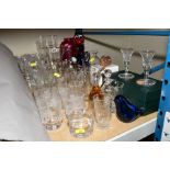 A GROUP OF GLASSWARE, including a Royal Brierley studio glass vase, a Murano glass clown, a lemonade