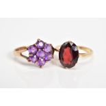 TWO GEM SET RINGS, the first of cluster design set with seven circular cut amethyst, to the
