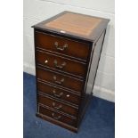 A REPRODUCTION MAHOGANY LEATHER TOPPED THREE DRAWER FILING CABINET, width 49cm x depth 63cm x height