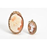 A CAMEO BROOCH AND PENDANT, the brooch depicting a lady in profile within a textured collet mount