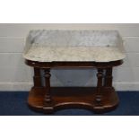 A VICTORIAN MAHOGANY MARBLE TOPPED DUCHESS WASHSTAND, with raised marble back and sides, on reeded