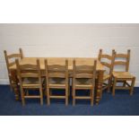 A LATE 20TH CENTURY VICTORIAN STYLE PINE KITCHEN TABLE on four turned legs, length 182cm x depth