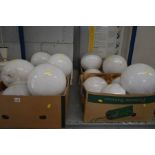 FOUR BOXES CONTAINING SIXTEEN OPAQUE WHITE GLASS SPHERICAL CEILING LIGHT FITTINGS, approximate