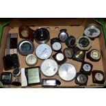 A BOX OF HYGROMETERS, ALTIMETERS, BAROMETERS, ETC, some modern digital examples, a small gilt