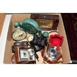 A BOX OF CLOCKS, CAMERAS, etc, including a Shanghai novelty feeding hen alarm clock, a pair of cased