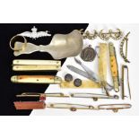 A SELECTION OF ITEMS, to include ten bar brooches, three fruit knives, a white metal spoon, a pair