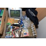 A QUANTITY OF ASSORTED ITEMS, to include Oregon Scientific digital clock/thermometer/barometer/