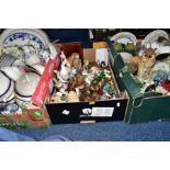 FIVE BOXES OF CERAMICS, GLASSWARE ETC, including a quantity of figurines of owls, a Royal Doulton '
