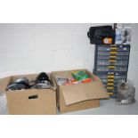 A COLLECTION OF AUTOMATIVE PARTS to include a box containing headlamps, spot lamps, bowls and