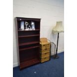 A MODERN MAHOGANY OPEN BOOKCASE, together with a wrought iron and wicker chest of five drawers,
