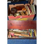 A LATE 19TH CENTURY MAHOGANY STAINED CASE CONTAINING STATIONERY EQUIPMENT AND A BOX OF TREEN ETC,