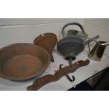 A GALVANISED WATERING CAN together with two funnels, large copper bowl, oak yoke and another can (