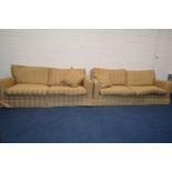 A PAIR OF DURESTA STRIPPED GOLD UPHOLSTERED THREE SEATER SETTEES, width 236cm x depth 107cm x