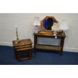 AN OAK NEST OF THREE TABLES, together with an oak side table, pine toilet mirror and four table