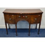 A GEORGIAN MAHOGANY BOWFRONT SIDEBOARD, with two deep drawer flanking a single drawer on square