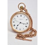 AN EARLY 20TH CENTURY 9CT GOLD POCKET WATCH AND ALBERT CHAIN, an open face, white enamel dial and