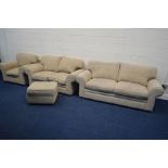 A BEIGE UPHOLSTERED FOUR PIECE LOUNGE SUITE, comprising two sized two seater settees, width 195cm