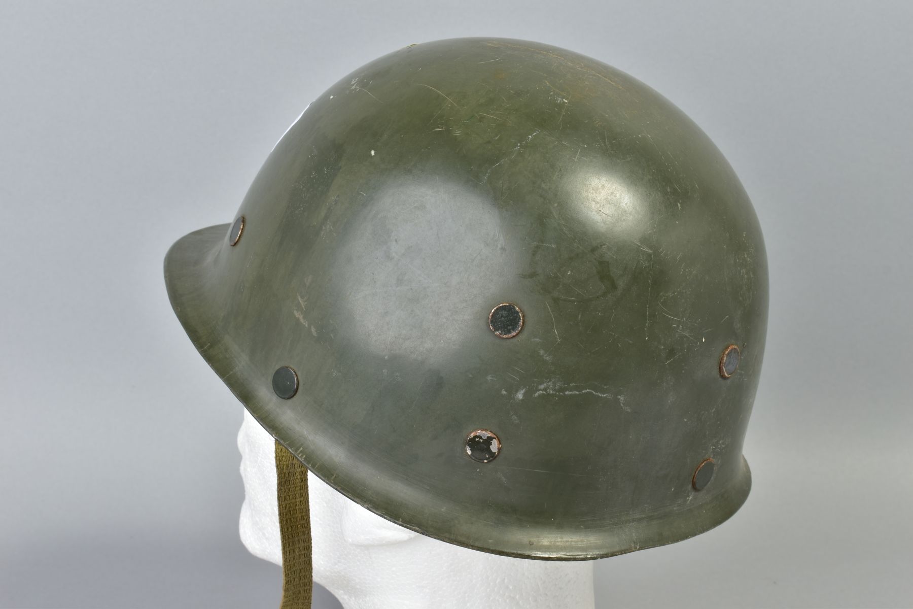 GREEN COLOURED US MILITARY HELMET (M1) but made of resin, with liner chin strap etc, possibly re- - Image 3 of 4