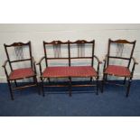 AN EDWARDIAN MAHOGANY THREE PIECE SALON SUITE, comprising a two seater settee and a pair of