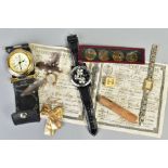 A SELECTION OF ITEMS, to include a Dalvey travel clock, with cream dial, Roman numerals and black