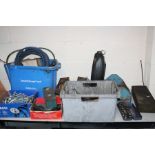 TWO METAL TOOLBOXES, two plastic trays and two boxes containing tools and hardware, including