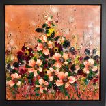 CLARE SYKES (BRITISH 1972) 'SHADOWS DANCE' wild flowers against an orange backdrop, signed bottom