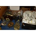 TWO BOXES AND LOOSE SUNDRY ITEMS, to include a box of white dinner wares in B.H.S. Lincoln