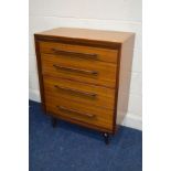 A 1960'S/70'S TEAK CHEST OF FOUR LONG DRAWERS, with cylindrical handles, width 76cm xdepth 42cm x