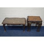 A REPRODUCTION WALNUT NEST OF THREE TABLES on cabriole legs (missing glass) together with a matching