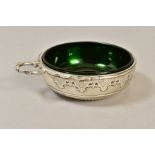 A 19TH CENTURY FRENCH SILVER WINE TASTING VESSEL, entwined serpent handle, the base inset with a