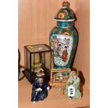 A CHINESE MODERN VASE AND COVER, approximate height 32cm, with a cased Chinese temple ornament, a