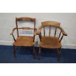 A 19TH CENTURY ELM SMOKERS CHAIR together with another elm bar armchair (2)